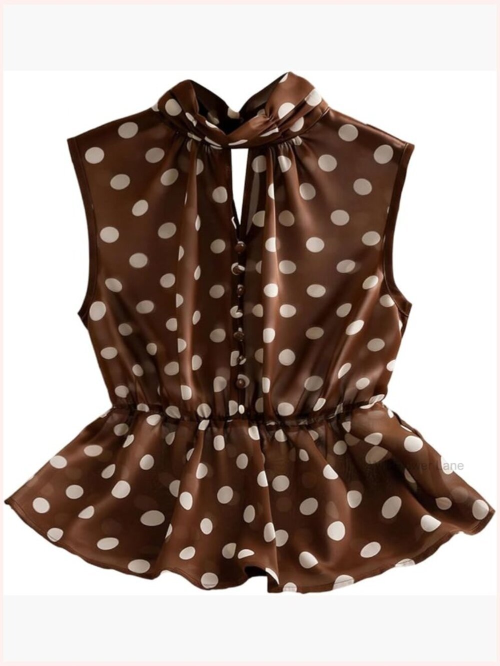 Women's Polka Dots Mesh Turtleneck Ruffle Sleeveless Blouse Top